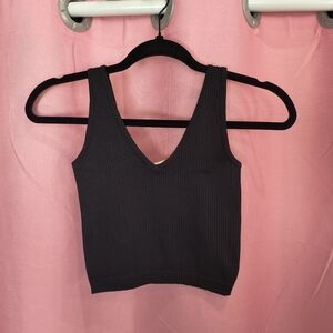 Lemonsky Crop Top XS Black Ribbed Seamless Stretch V Neck Shirt NWT